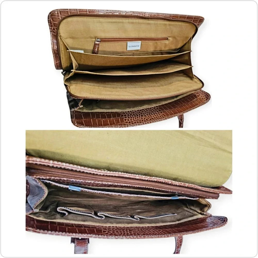 Liz Claiborne Large Brown Croc Embossed Leather Laptop Satchel Purse Tote Bag - Picture 7 of 15